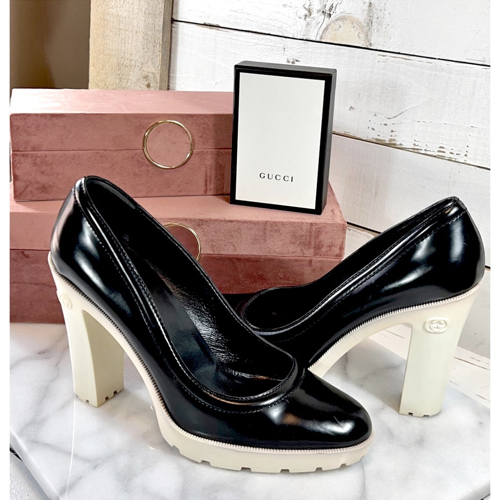 Gucci Black Patent Leather & Rubber Heel/Sole Platform Heels